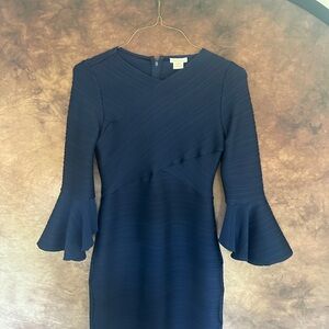 Shoshanna Blue Ruffled Sheath Dress with 3/4 Bell Sleeves